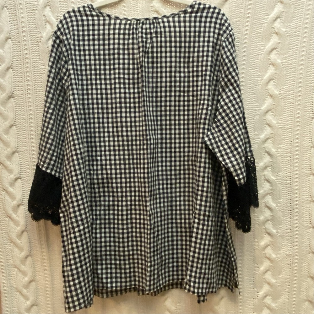 Catherines 22/24 Embroidered 3/4 Sleeve Blouse Black/White Check Boho Cottage - Picture 7 of 8